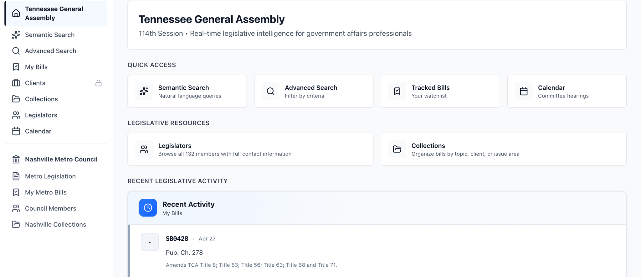 LegisGo Dashboard showing tracked bills, activity feed, and legislative calendar